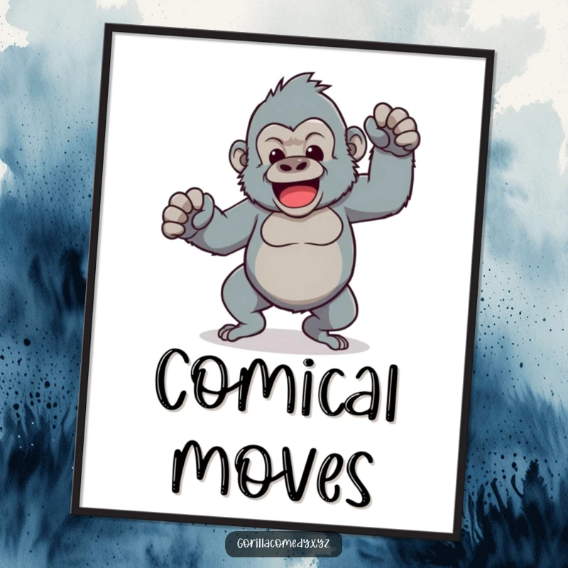 Funny digital art print of a Kawaii gorilla character doing a comical dance with wobbly legs, radiating pure, silly fun.