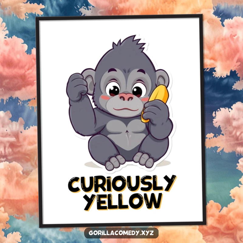 Funny Kawaii gorilla digital art print, depicting a curious ape character examining a banana with wide, innocent eyes, adding humor to any room.
