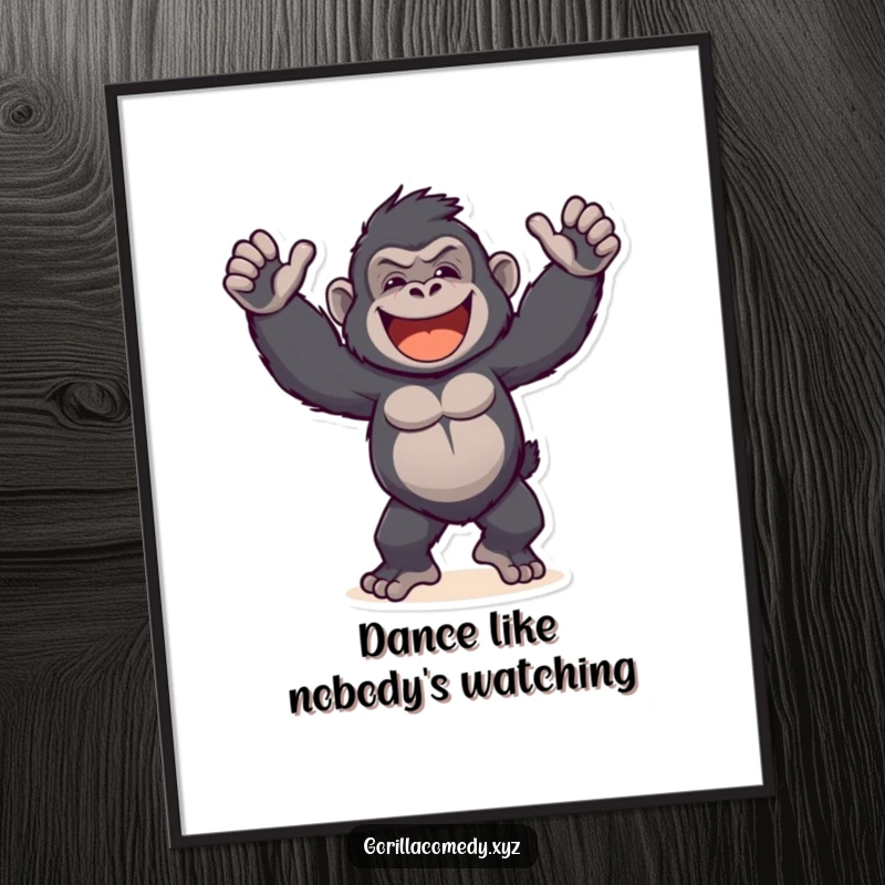 Funny Gorilla Dance Digital Art Print: Hilarious primate art with arms outstretched and a wide grin, perfect for walls.