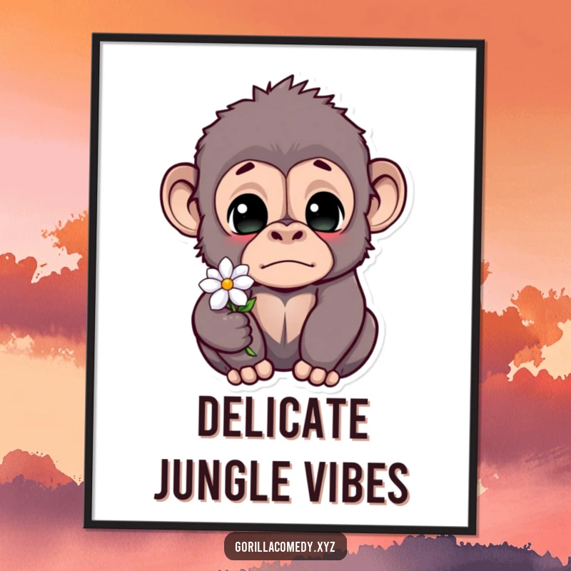 Funny gorilla digital art print of a wide-eyed, startled ape holding a tiny flower, a humorous and charming piece for walls.