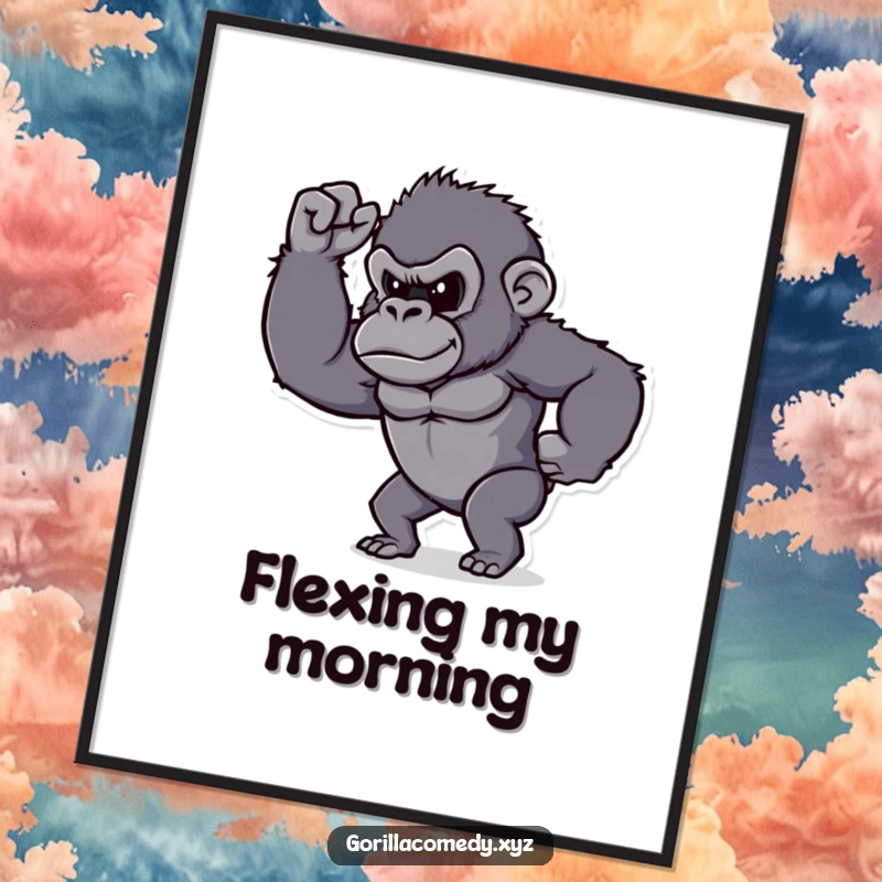 Funny gorilla digital art print, determined character proudly flexing its tiny bicep, ready to print.