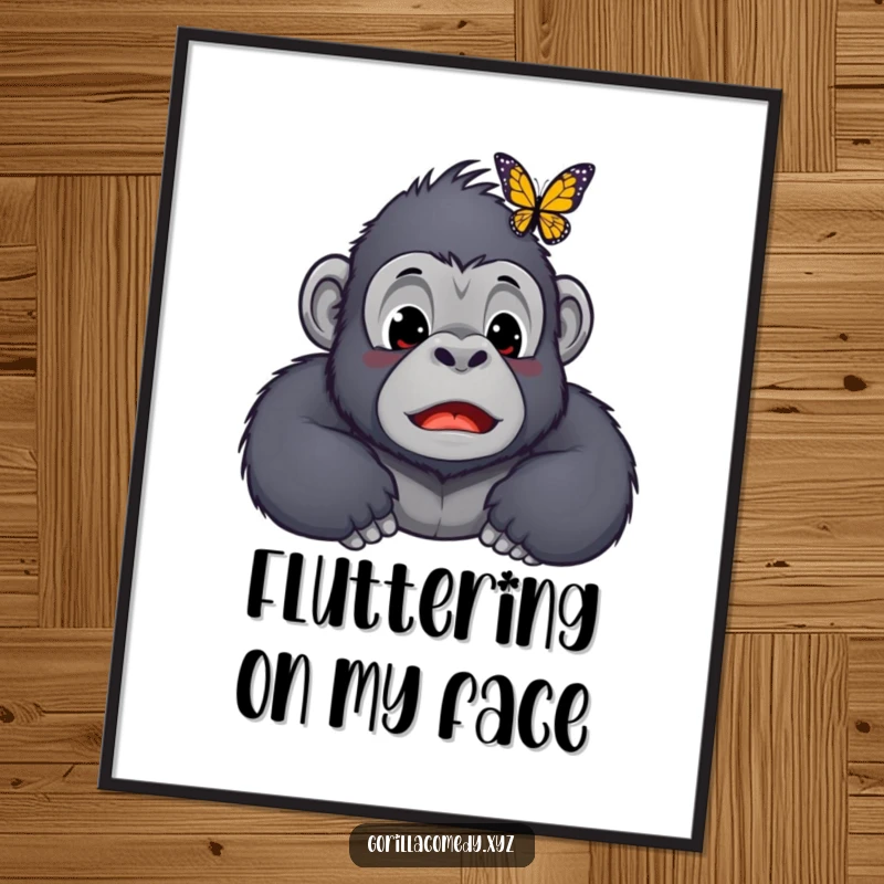 Funny Kawaii gorilla digital art print, depicting a surprised ape character with a butterfly landing on its nose, adding whimsical humor to any room.