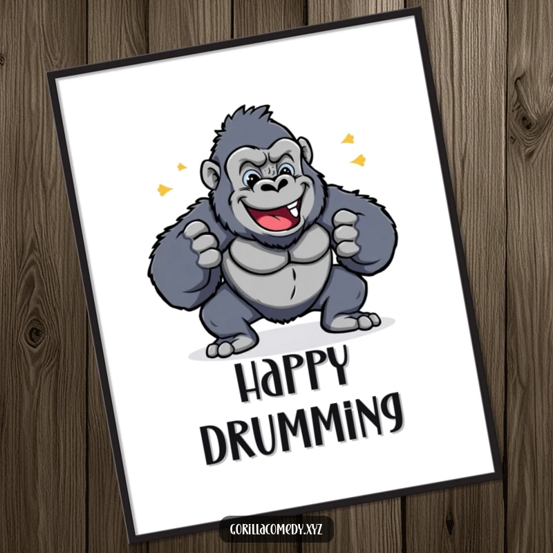 Funny digital art print of a cheerful gorilla rhythmically pounding its chest, ideal for energetic and joyful decor.