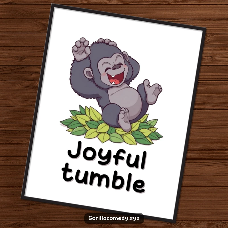 Funny clumsy gorilla digital art print showing a primate tumbling with delight into leaves, perfect for instant decor and a delightful funny gift.