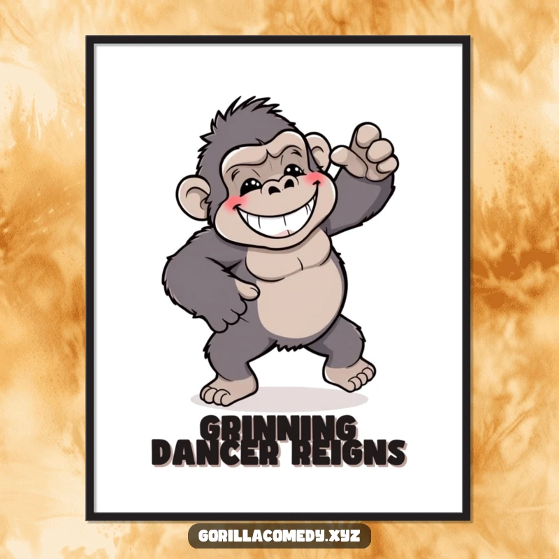 Funny gorilla digital art print, showing a grinning gorilla performing a playful and silly dance.