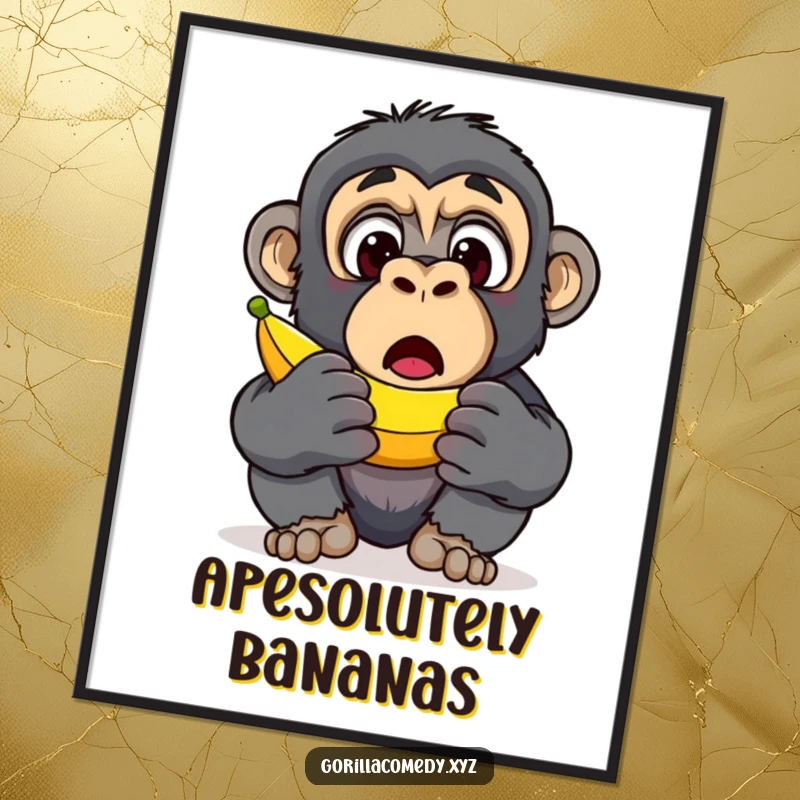 Funny Gorilla Banana Discovery Digital Art Print: High-resolution art of a surprised gorilla character with wide eyes upon finding a banana, ideal funny gift.