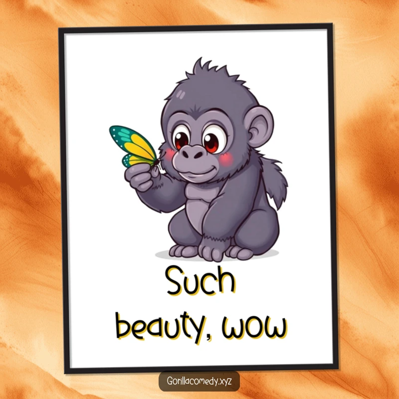 Funny kawaii gorilla with wide, curious eyes observing a colorful butterfly, presented as digital art for instant download and whimsical decor.
