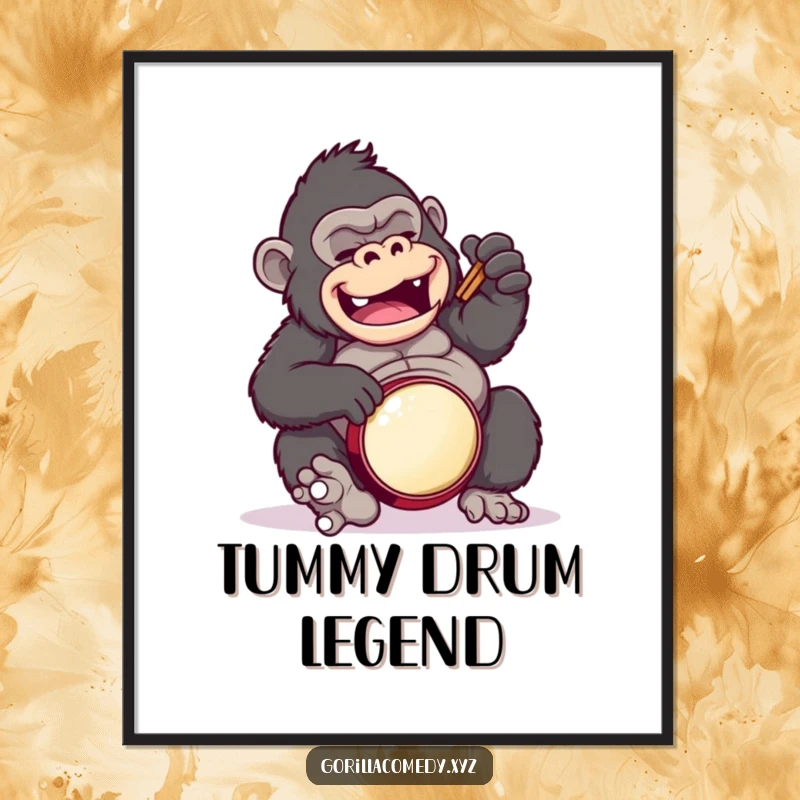 Funny gorilla digital art print, showing a gorilla comically playing a drum solo on its belly.