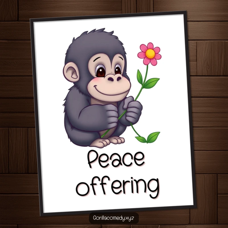 Funny Gorilla Digital Art Print: A high-resolution artwork of a gentle gorilla offering a colorful flower, perfect for instant wall decor.