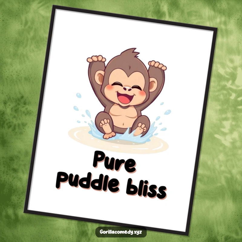 Funny kawaii gorilla gleefully splashing in a puddle, presented as digital art for instant download, bringing playful joy and happiness.