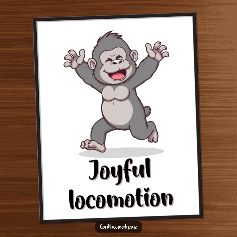 Funny digital art print of a playful gorilla character doing a wobbly walk with arms outstretched, symbolizing humorous movement.
