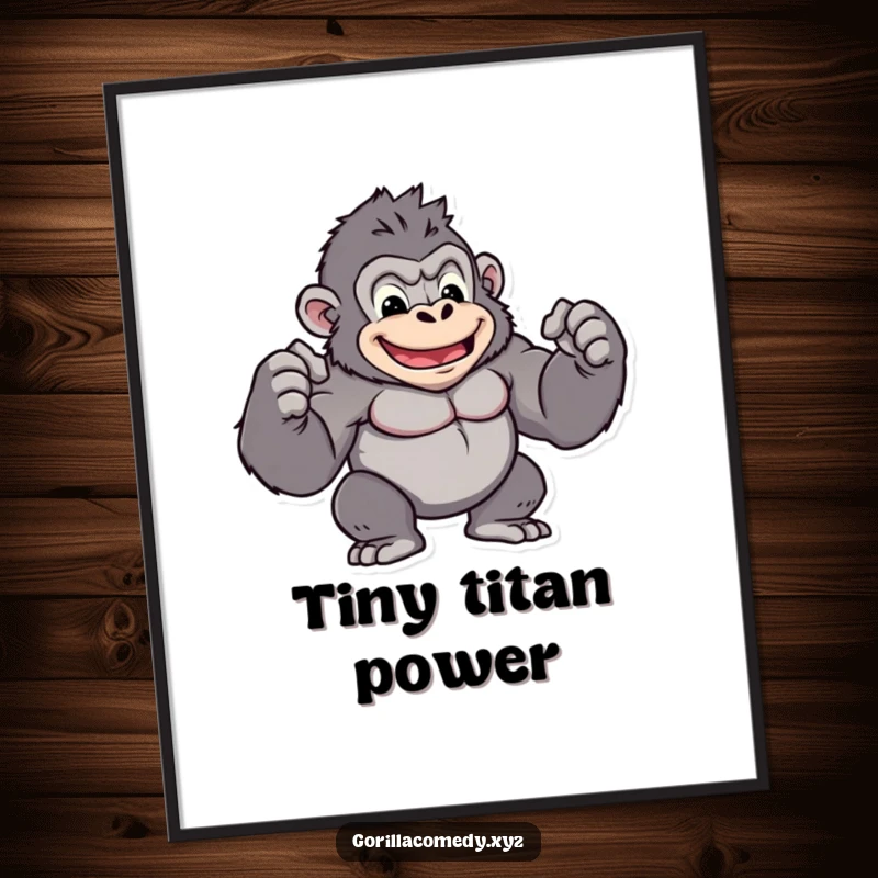 Funny kawaii gorilla digital art print of a muscular character flexing biceps, ready to download and inspire, a funny gift.