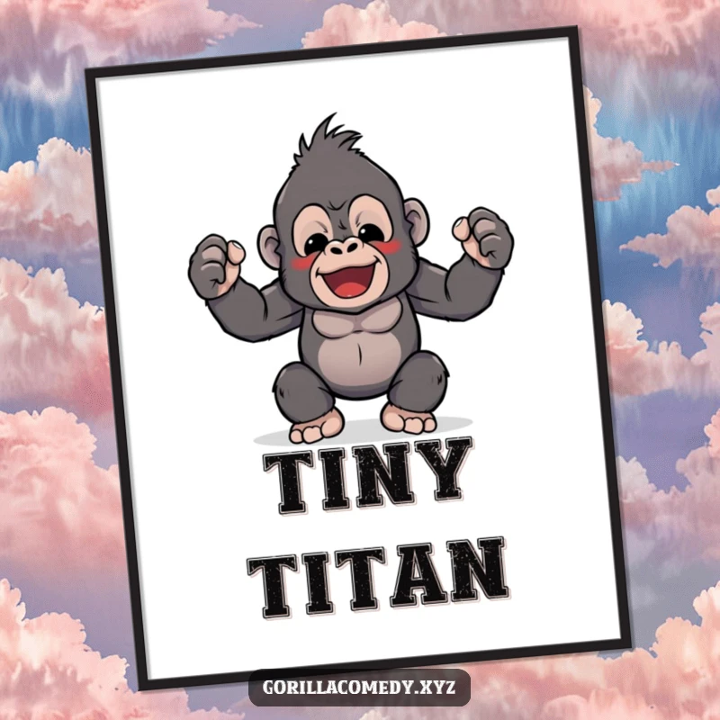 Funny digital art print of a cute Kawaii gorilla character joyfully flexing its minuscule biceps. Instant download for wall art.