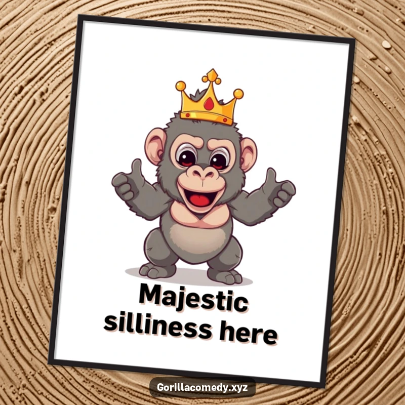 Funny King Gorilla digital art print capturing a crowned primate striking a majestic and funny pose, for instant decor.