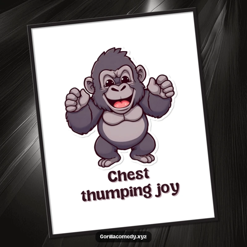 Funny gorilla digital art print of a cheerful ape character rhythmically beating its chest with pride, perfect for printable wall decor and screens.
