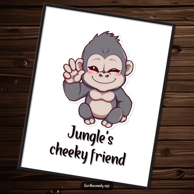 Funny gorilla digital art print of a winking ape with a hand raised in a friendly wave, creating a welcoming and humorous feel.