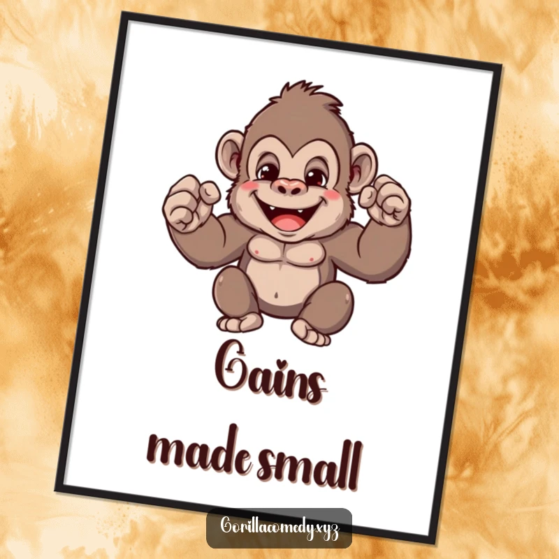 Funny gorilla digital art print of a cute ape character flexing its tiny muscles with a grin, perfect for printable wall decor and screens.
