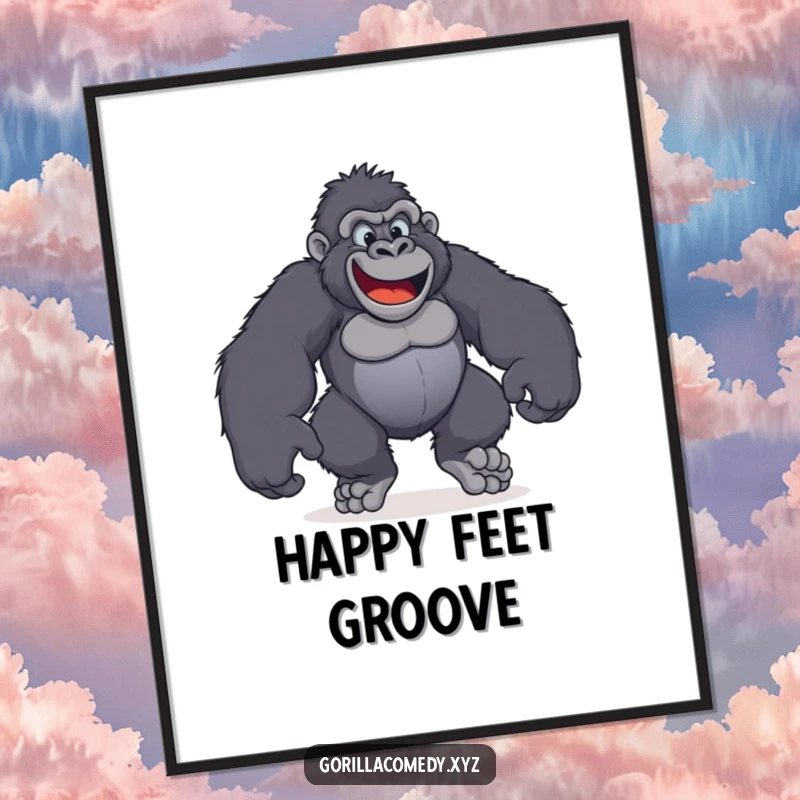 Funny digital art print of a gorilla with enormous, beaming happy feet stomping with playful energy.