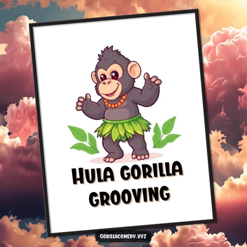 Funny gorilla digital art print, cute character in a grass skirt, playfully doing a hula dance, ready to print.