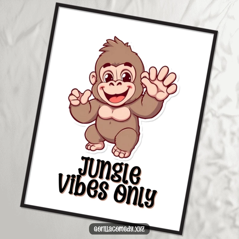 Funny Gorilla Digital Art Print: A cheerful ape character is depicted enthusiastically offering a friendly wave, bringing humor to your decor.