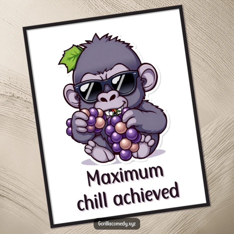 Funny digital art print of a cool gorilla in tiny sunglasses eating grapes, bringing effortless laid-back humor to walls.