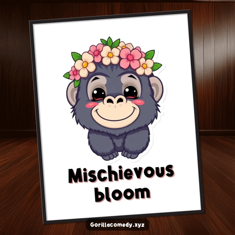 Funny kawaii gorilla digital art print, mischievous grin, wearing a flower crown, humorous wall decor, instant download.
