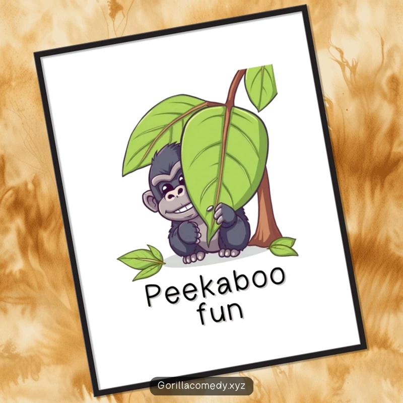 Funny gorilla digital art print of a mischievous ape character hiding behind a leaf, peeking out with a chuckle, perfect for printable wall decor and screens.