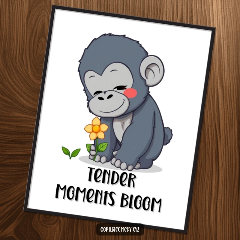 Funny curious gorilla digital art print of a character gently patting a flower, ready to inspire peace, a funny gift.