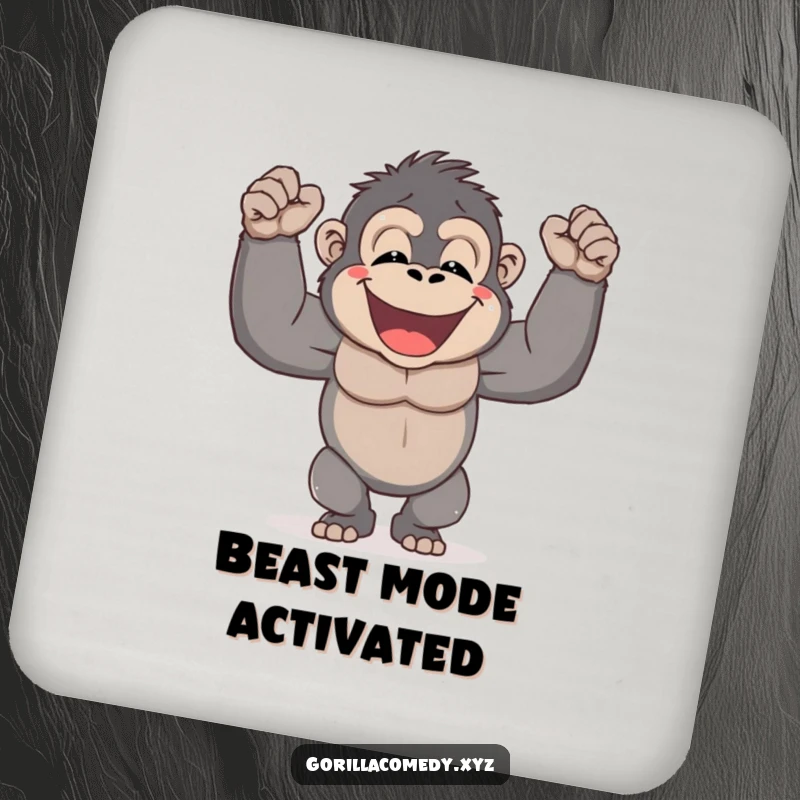 Funny Gorilla Coaster featuring a smiling gorilla joyfully pounding its chest, protecting surfaces with humor and strength.