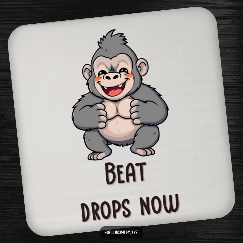 Funny drink coasters featuring a cute Kawaii gorilla character beating its chest, symbolizing joyful expression. Protects furniture with humor.