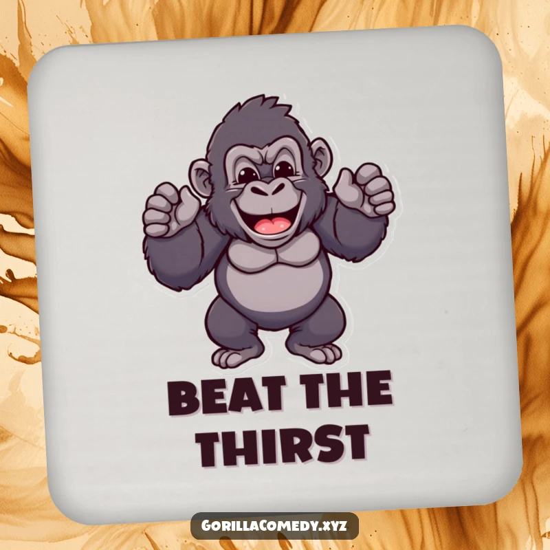 Funny gorilla coaster featuring a cheerful ape character proudly beating its chest, protecting surfaces with a bold and humorous design.