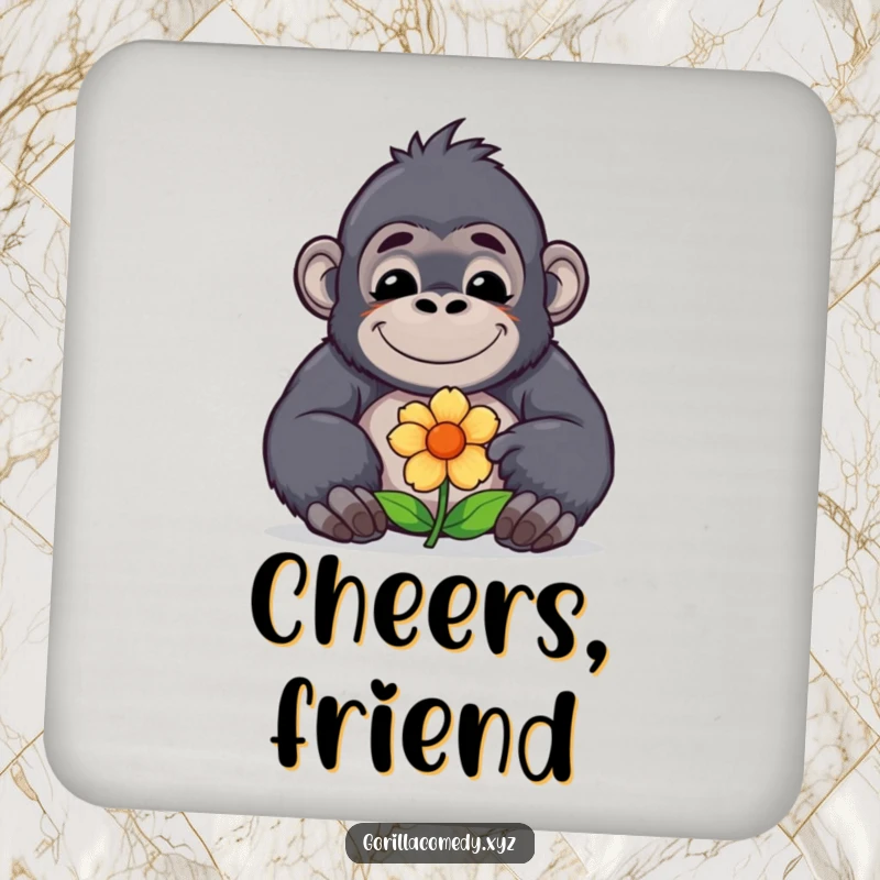 Cute funny kawaii gorilla with a contented smile offers a flower on a drink coaster, adding a touch of gentle humor to any surface.