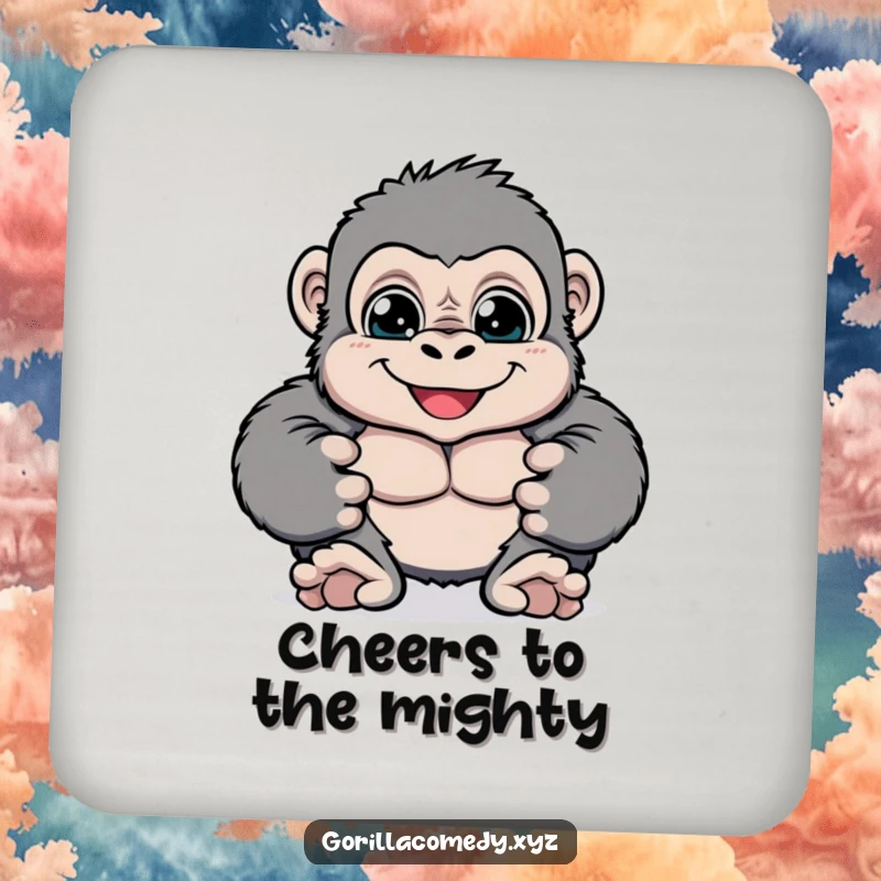 Funny gorilla drink coaster with big bright eyes playfully pounding its chest, protecting surfaces with playful style, an ideal small funny gift.