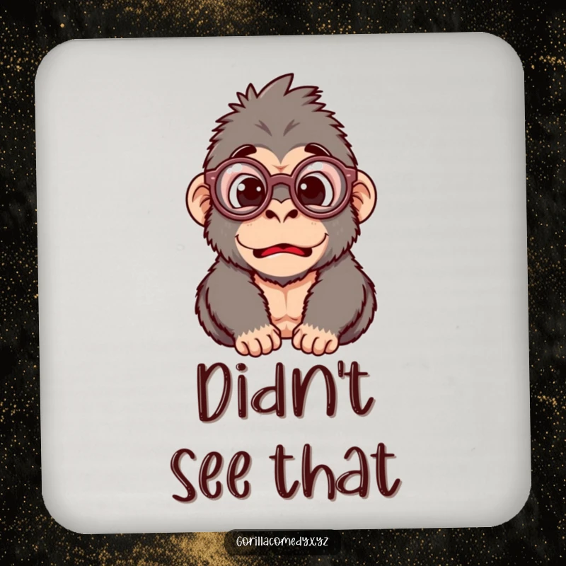 Funny drink coaster featuring a gorilla character with oversized glasses looking surprised, adding a humorous touch to surface protection.