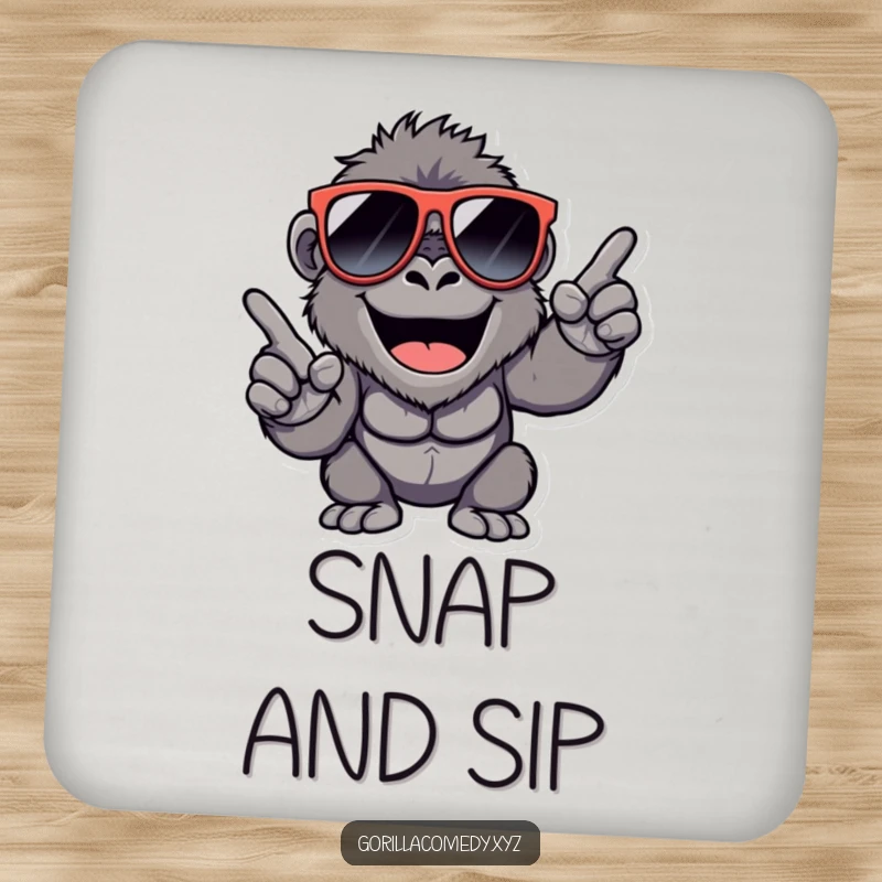 Funny Gorilla Coaster: Happy gorilla in oversized sunglasses, snapping fingers, adding cool protection.