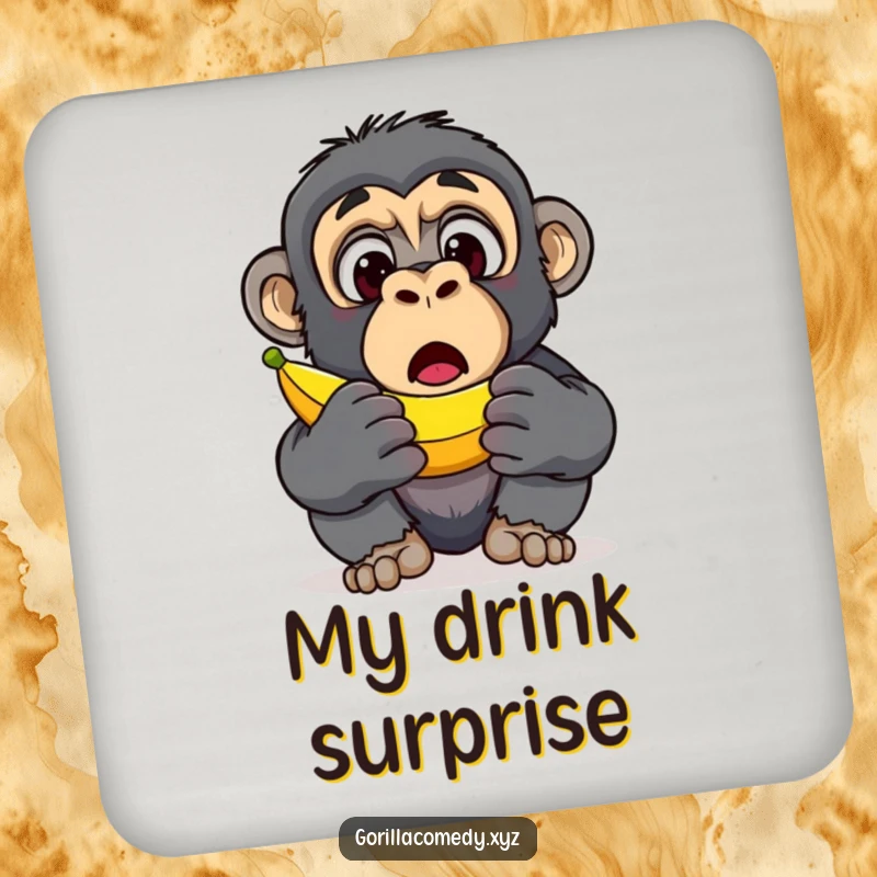 Funny Gorilla Banana Discovery Coaster: A protective coaster showcasing a surprised gorilla character’s wide eyes upon finding a banana, funny gift.