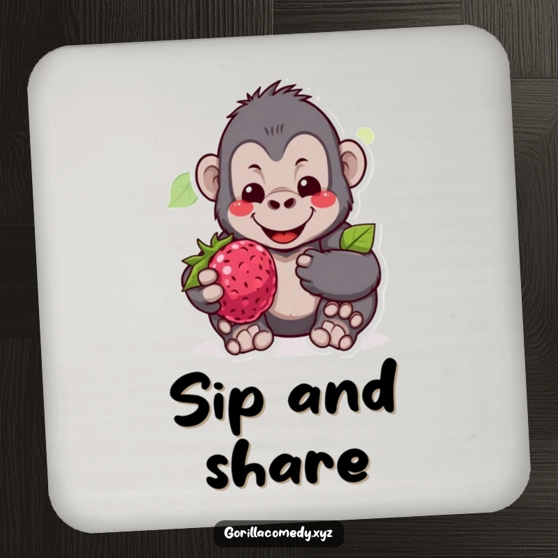 Funny drink coaster featuring a gentle gorilla character smiling and offering a juicy berry, adding a humorous touch to surface protection.