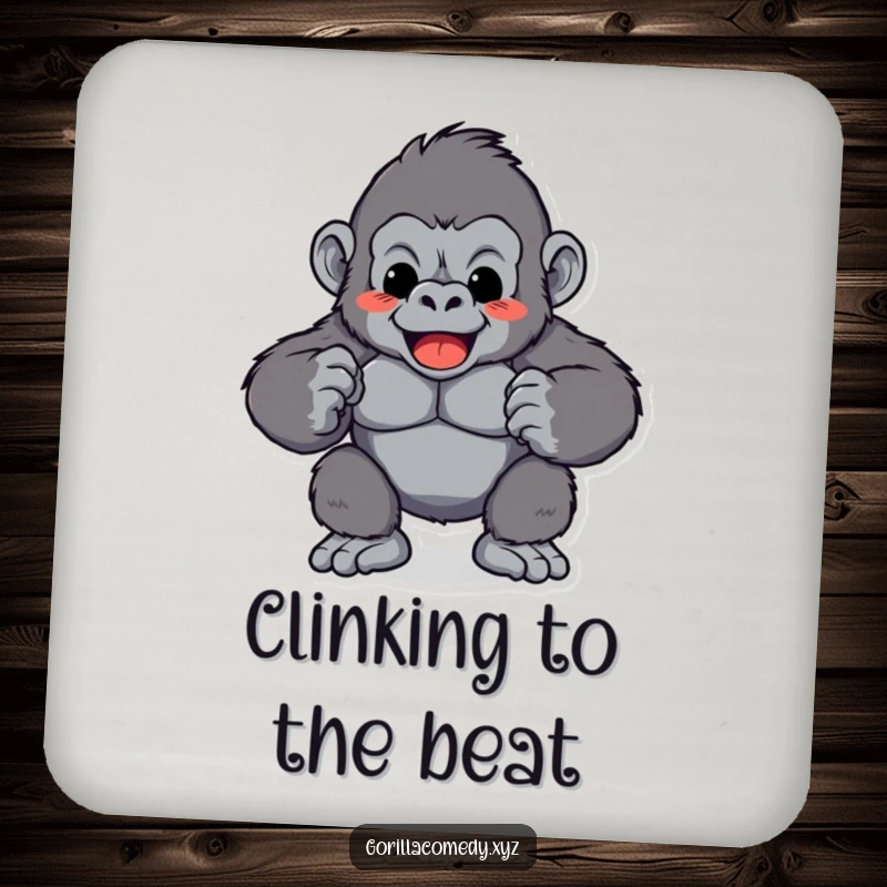 Funny Gorilla Chest Pound Coaster: A protective coaster showcasing a playful gorilla character rhythmically pounding its chest, adding humor, funny gift.