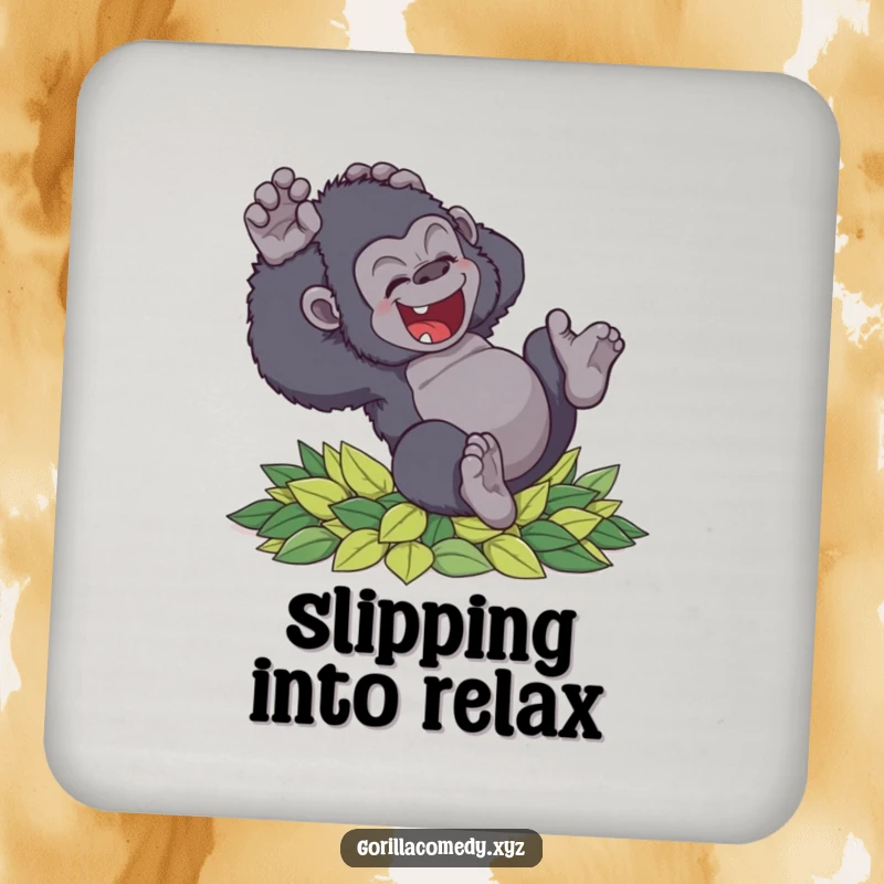 Funny gorilla drink coaster tumbling with delight into soft leaves, protecting surfaces with playful style, an ideal small funny gift.