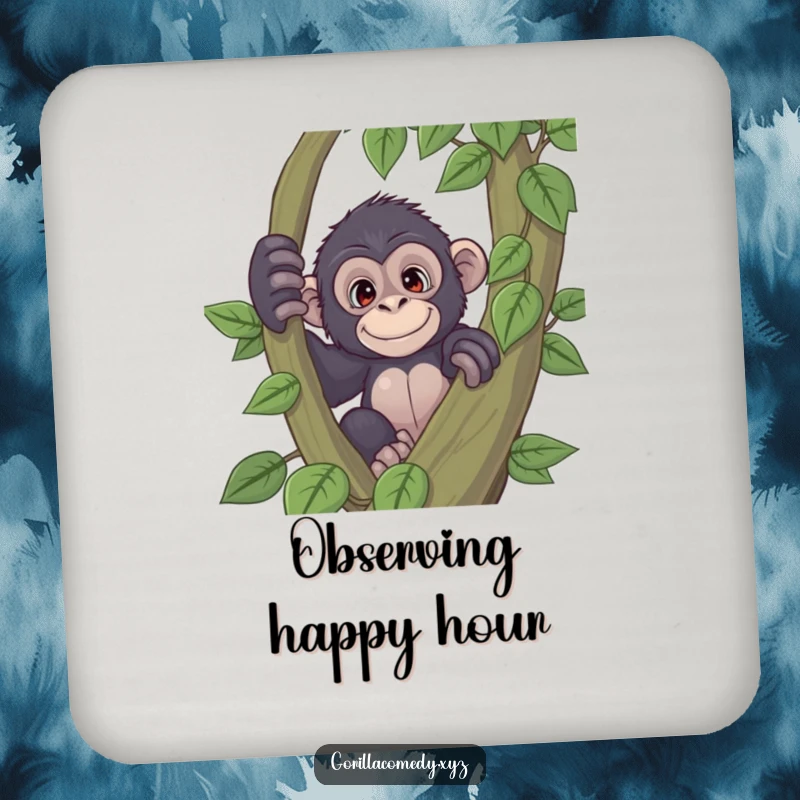 Funny gorilla drink coaster with a curious expression peeking from behind a large vine, protecting surfaces with playful style, an ideal small funny gift.