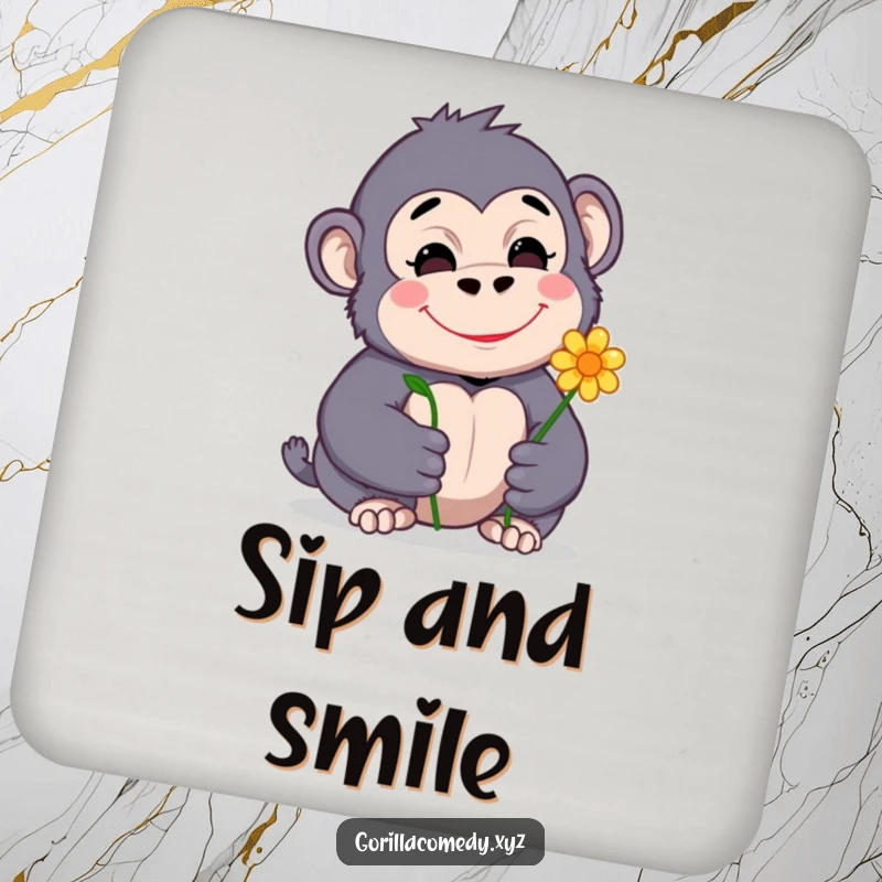 Funny drink coaster with a shy gorilla character offering a flower, smiling gently, protecting surfaces with cute charm.