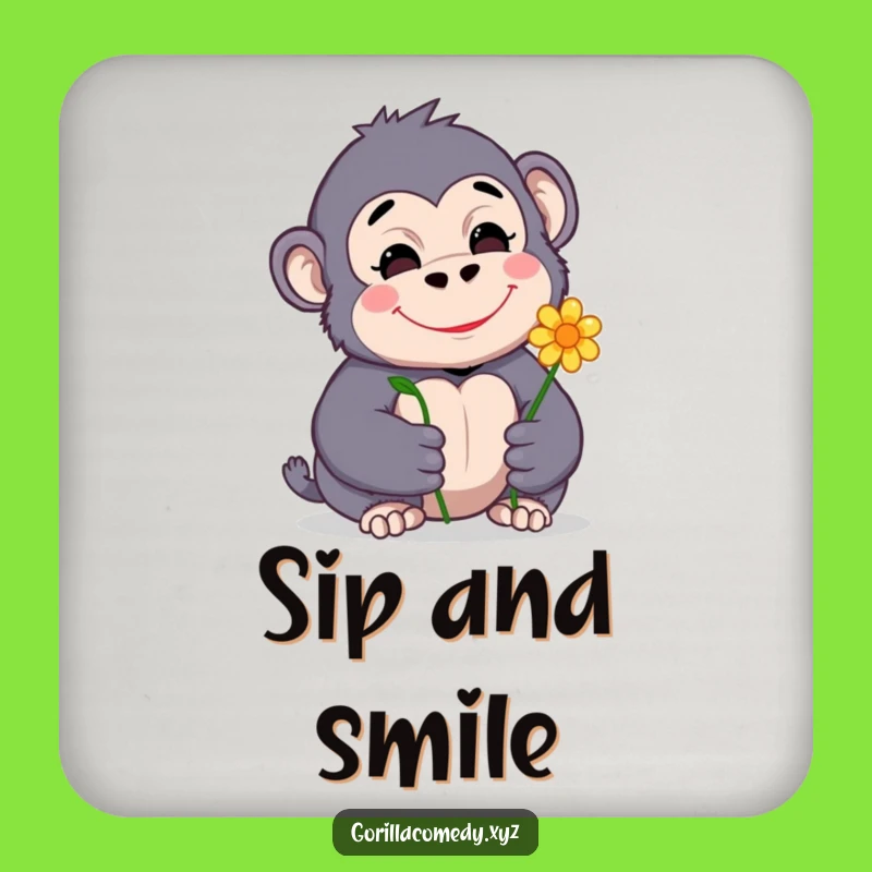 Funny Gorilla Coaster: Cute Shy Gorilla with Flower, Drink Gift