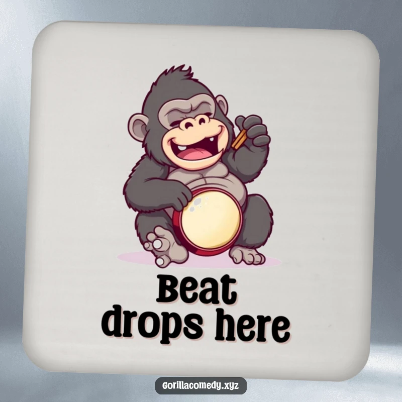 Funny gorilla coaster, depicting a gorilla comically drumming on its belly, for surface protection.