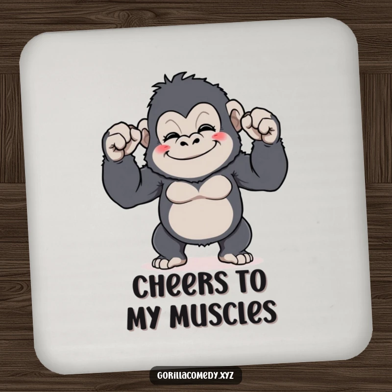Funny Gorilla Flex Coaster: A protective coaster showcasing a grinning gorilla comically flexing its tiny biceps, adding humor and a funny gift.