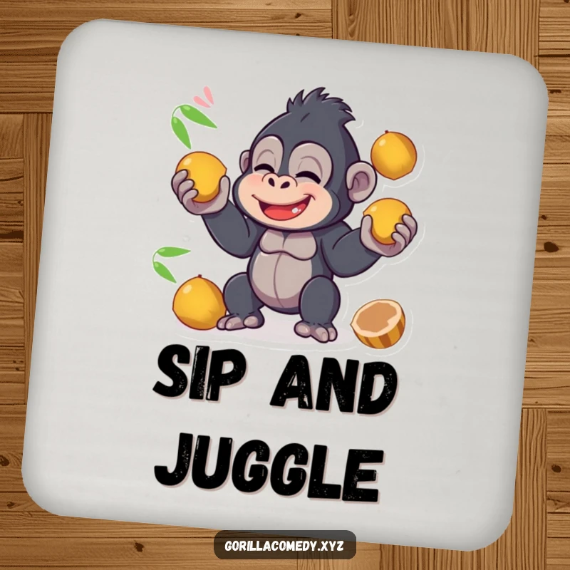 Funny kawaii gorilla giggling while juggling coconuts on a drink coaster, adding a touch of tropical humor to any surface.