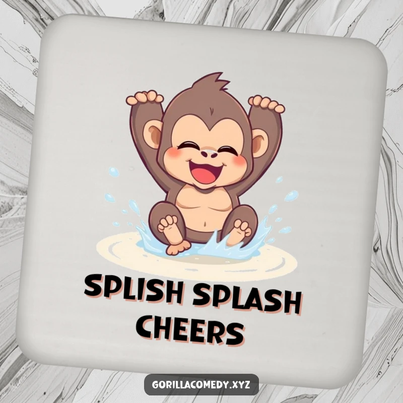 Funny kawaii gorilla gleefully splashing in a puddle on a drink coaster, adding a touch of playful humor to any surface.