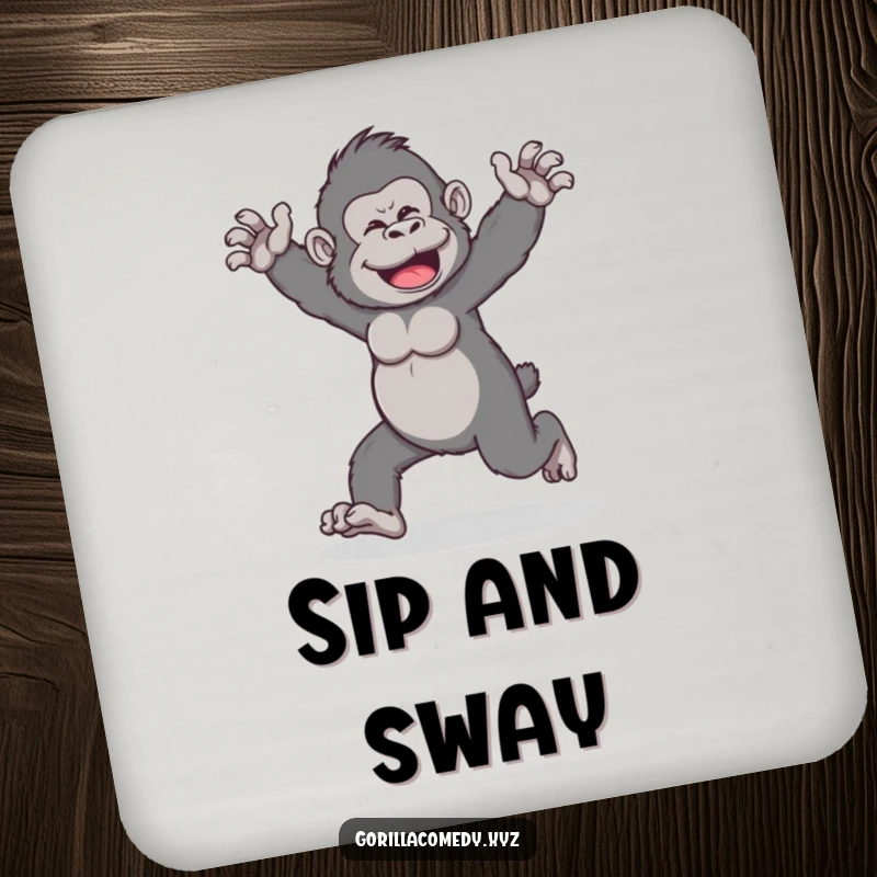Funny drink coaster featuring a gorilla character doing a wobbly walk with arms outstretched, adding a humorous touch to surface protection.