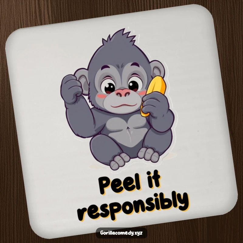 Funny Kawaii gorilla drink coaster, showing a curious ape character focused on a banana, designed to protect surfaces with humor.