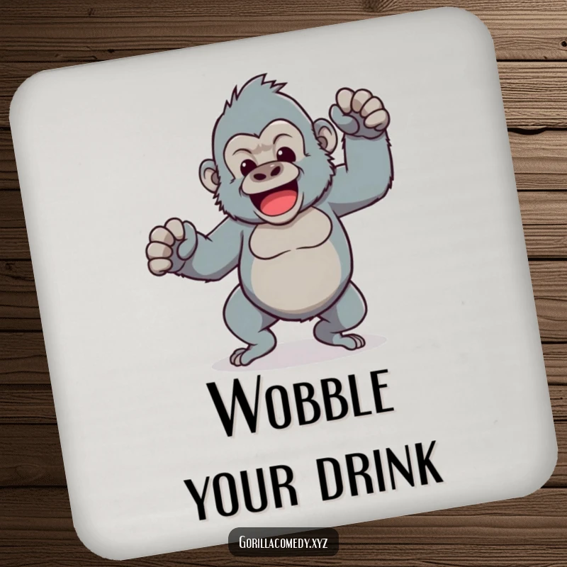Funny drink coaster featuring a Kawaii gorilla character doing a comical dance with wobbly legs, offering surface protection with a silly touch.