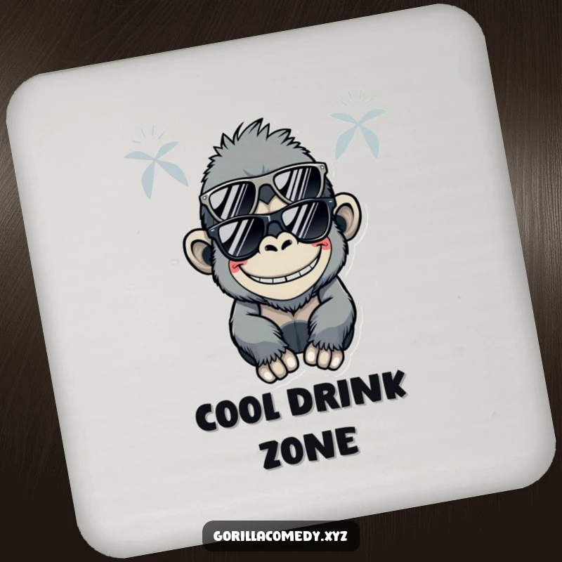 Funny Kawaii gorilla wearing sunglasses and a silly grin on coasters, providing cool protection with humor.